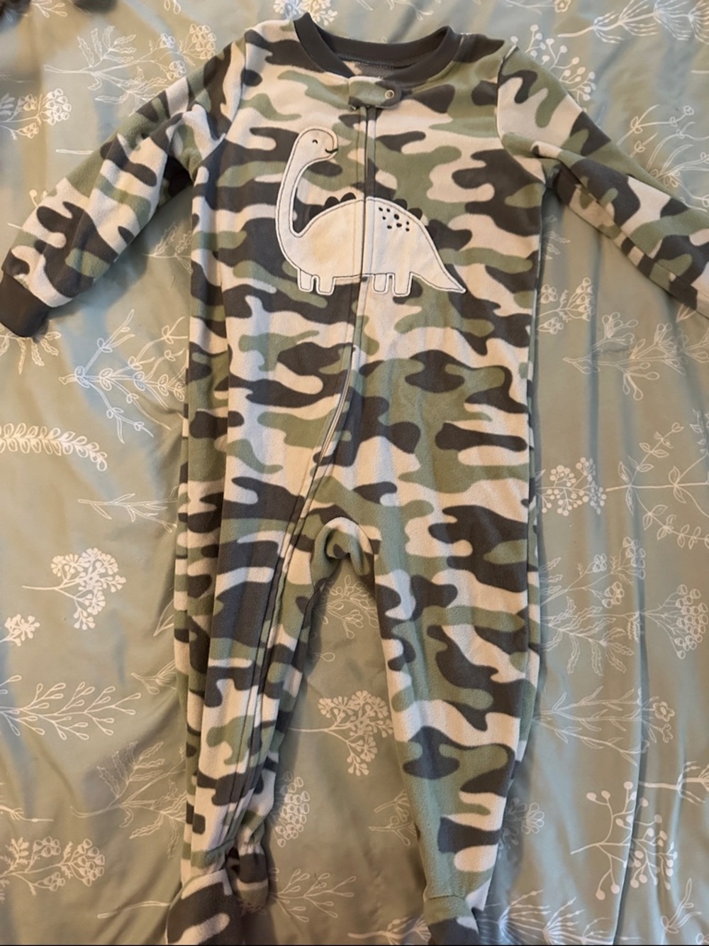 Kids Camo One-Piece Footed Pajamas with Dino Applique - Green Camo